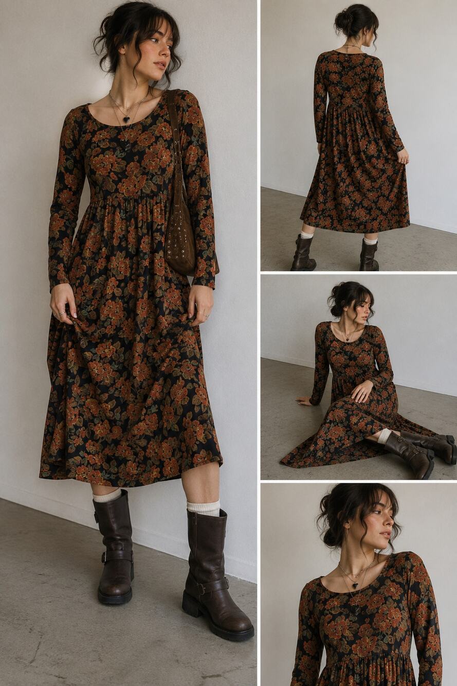 Erika & Co Vintage Floral Midi Dress Cottagecore Grunge Long Sleeve Women's M